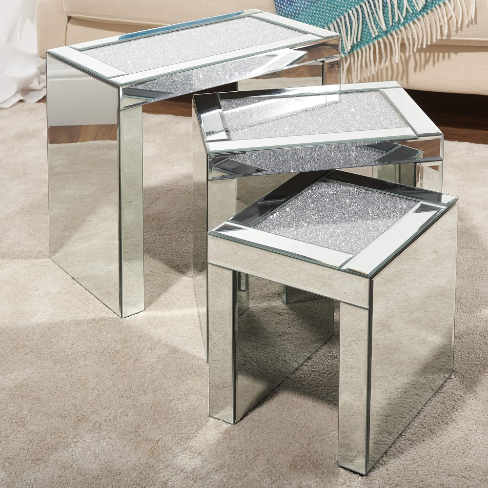 Mirrored Diamond Crushed Glass Nested Side Tables in Silver set of 3