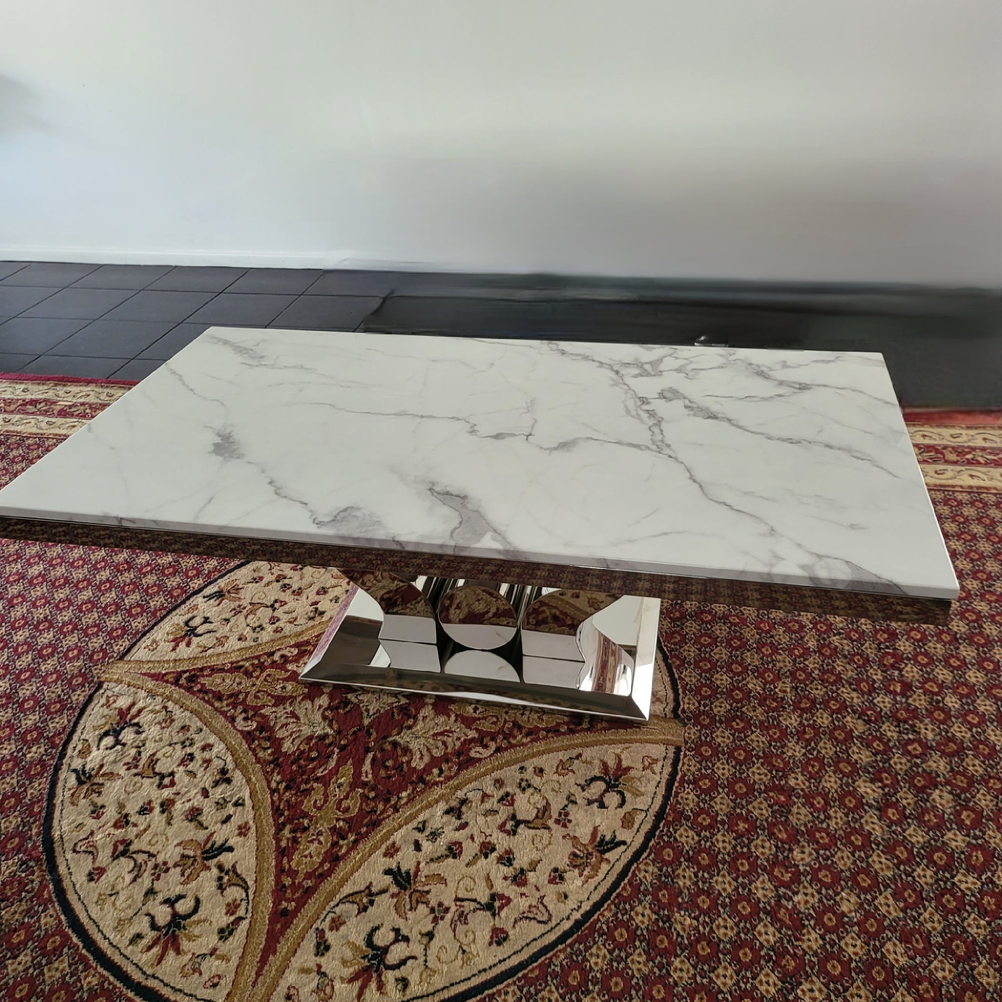 Modern Black Grey Marble Coffee Table with Silver Stainless Steel Frame