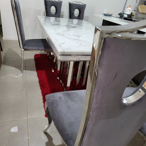 Elegant Marble Dining table with 6 Grey Velvet Dining Room Chairs in Stainless Steel Frame