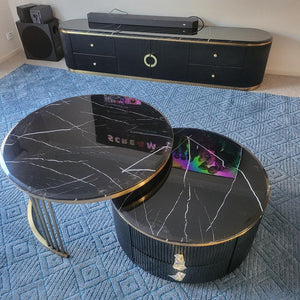 Silver Stainless Steel Frame and Black MDF TV Stand/Unit and Coffee Table in Black Marble top