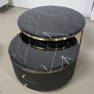 Gold Stainless Steel Frame and Black MDF TV Stand/Unit and Coffee Table in Black Marble top