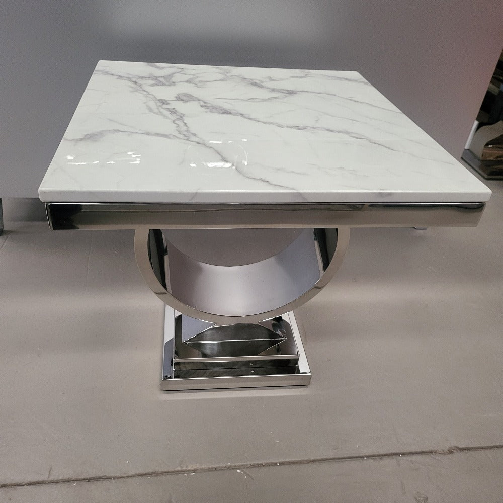 Modern Classic Marble Top Side Table with Silver Stainless Steel Frame and White-Grey Marble top