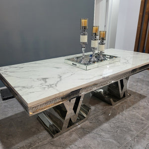 Elegant and Classy LV Marble Dining Table With Grey Velvet Dining Room Chairs with Silver Stainless Steel Frame