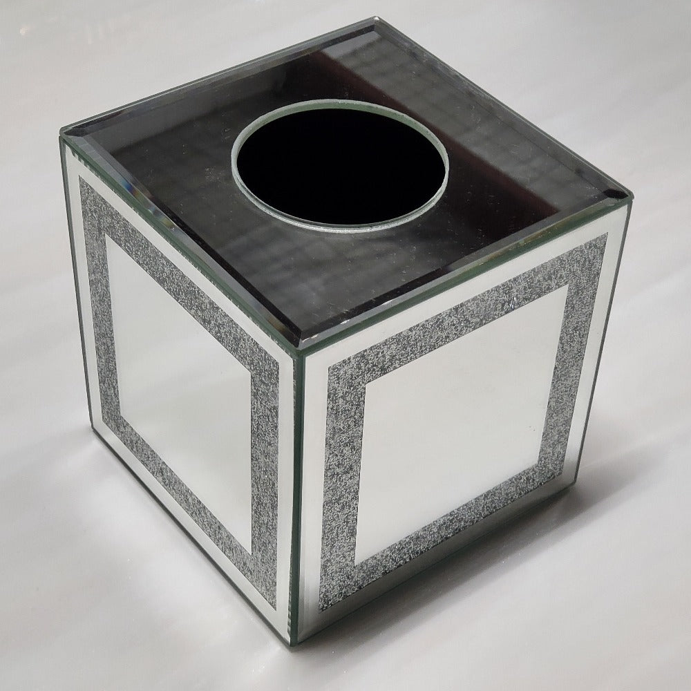 Cubed Glass Mirrored Decorative Tissue Box in Silver with Diamond-Crushed Sparkling Glass