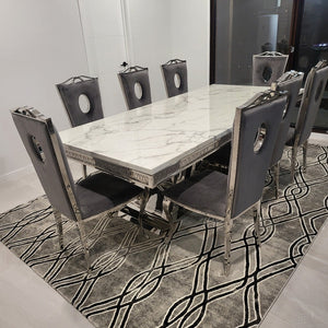 Elegant and Classy LV Marble Dining Table With Modern Circle Grey Velvet Dining Room Chairs with Silver Stainless Steel Frame