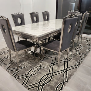 Elegant and Classy LV Marble Dining Table With Circle Grey Velvet Dining Room Chairs with Silver Stainless Steel Frame. Best Dining Table and Chairs