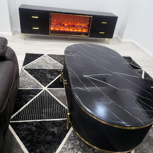 Gold Stainless Steel Frame and Black MDF TV Stand/Unit with Fireplace Reflector and Coffee Table in Black Marble top