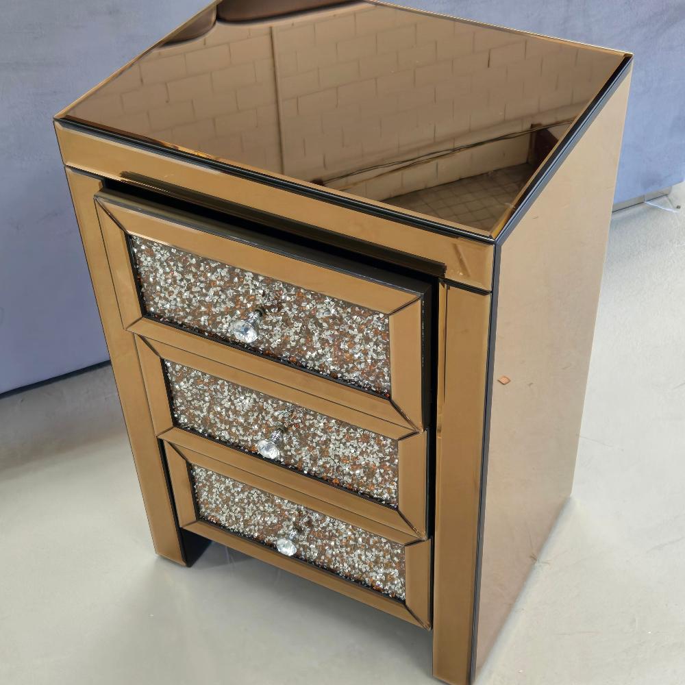 Rose Gold Modern Diamond Crushed Mirrored Glass Bedside Table