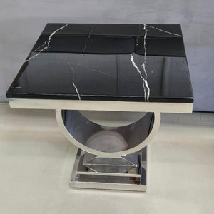 Modern Classic Marble Top Side Table with Silver Stainless Steel Frame and Blackish Marble top