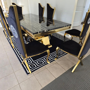 Elegant and Classy LV Marble Dining Table With Versace Velvet Dining Room Chairs in Gold Stainless Steel Frame. Best Marble Dining Tables and Chairs in Melton, Melbourne