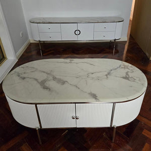 Silver Stainless Steel Frame and White MDF TV Stand/Unit and Coffee Table in White Grey Marble top