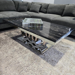 RBM Classic Home Furniture Store / Shop with Modern Audi Marble Coffee Table with Silver Stainless Steel Frame. Classy and Best Coffee Table with a Black Grey Marble Colour