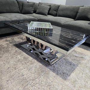 RBM Classic Home Furniture Store / Shop with Modern Audi Marble Coffee Table with Silver Stainless Steel Frame. Best Coffee Table with a Black Grey Marble Colour