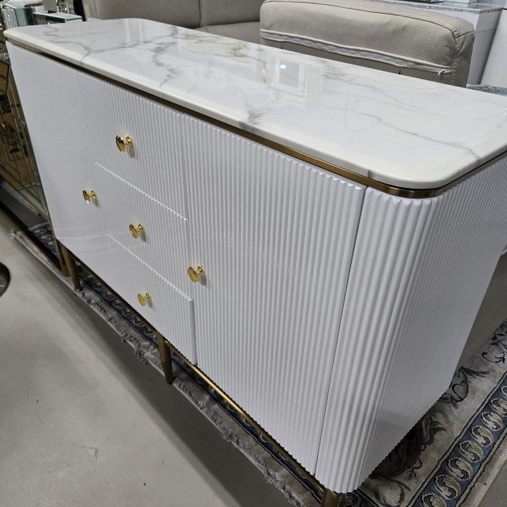 Classy Modern Buffet Cabinet in Bronze Storage Dining Room Buffet Cabinet with 2 shelves and 3 Drawers in White MDF and Bronze