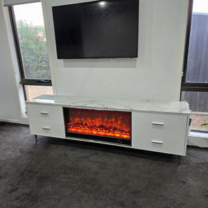 Classy Modern White MDF Material with Silver Stainless Steel Frame and Black White Marble TV Cabinet/Stand/Unit with a Fireplace Reflector and a Remote