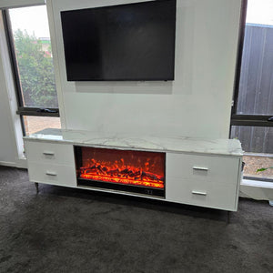 Classy Modern White MDF Material with Silver Stainless Steel Frame and Black White Marble TV Cabinet/Stand/Unit with a Fireplace Reflector and a Remote