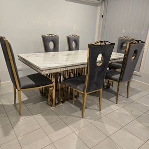 Elegant Marble Dining table with 6 Circles Grey Velvet Dining Room Chairs in Gold Stainless Steel Frame