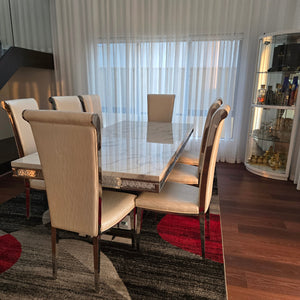 Elegant and Classy LV Marble Dining Table With Classic White Leather Dining Room Chairs in Silver Stainless Steel Frame. Best Marble Dining Tables and Chairs in Melton, Melbourne