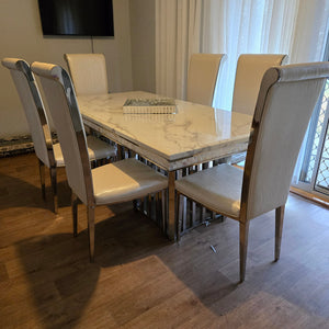 Elegant Marble Dining table with 6 Classic White Leather Dining Room Chairs in Gold Stainless Steel Frame