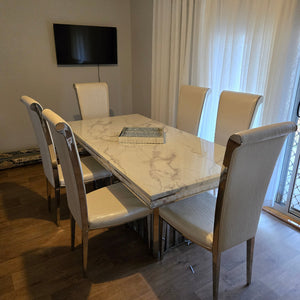 Stylish and Elegant Marble Dining table with 6 Classic White Leather Dining Room Chairs in Gold Stainless Steel Frame