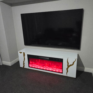 White and Gold MDF TV Unit with Fireplace Reflector