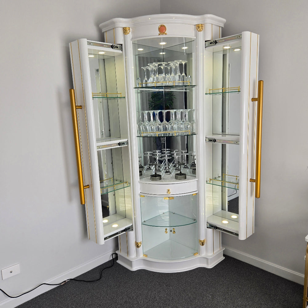 Wine Cabinet and Bar Table set (White). Modern MDF White Wood Wine / Display / Traditional Cabinet With Glass Shelves and a Stand Alone Bar Table with Shelves