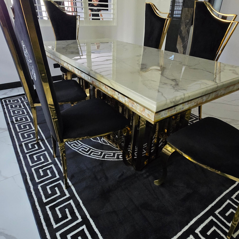 Elegant Marble Dining table with 6 Grey Velvet Dining Room Chairs in Stainless Steel Frame