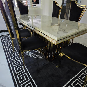 Elegant Marble Dining Table with 6 Versace Chairs in Gold Stainless Steel Frame