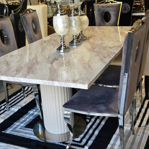 Silver Exclusive Marble Dining Table with 8 Circle Grey Velvet Chairs and Cream Leather Table Stands/Legs