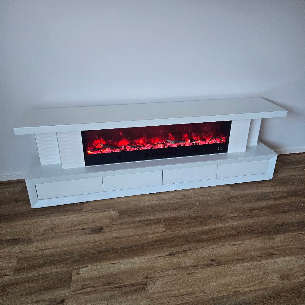 White Glass TV Stand with LED Lights at each corner, Bluetooth Speakers and 13 Colour Crystal Light Changes / Reflectors. Best TV Stand at RBM Classic Home