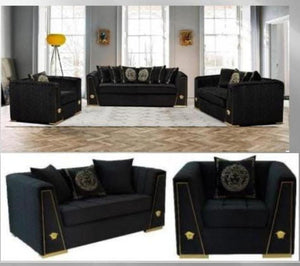 Best Modern Black Velvet Comfortable Sofa / Couch set of 6-Seater with a Golden Trim Edge and Coffee Table