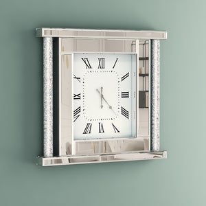 Classic Diamond Crushed Glass Mirrored Silent Wall Clock with an Elegant, Luxurious Look for Perfect Decoration in Classic Silver Colour