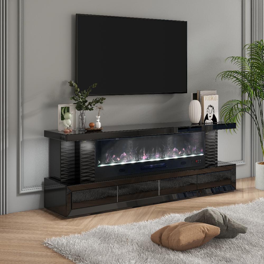 Black Glass TV Stand with LED Lights, Bluetooth Speakers and 7 Colour Crystal Light Changes / Reflectors