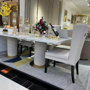 Exclusive Marble Dining table with Silver Modern Black Velvet Dining Room Chairs in Gold Stainless Steel Frame