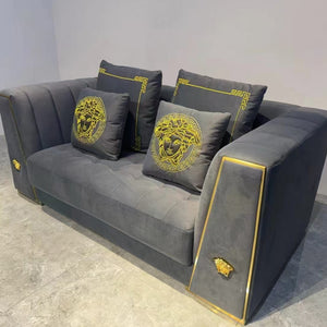 3 Seater Grey Holland Velvet Sofa set with Gold Trim Stainless Steel Frame