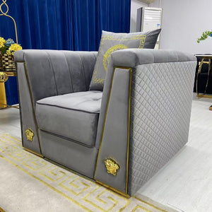 1-Seater Grey Holland Velvet Sofa set with Gold Trim Stainless Steel Frame