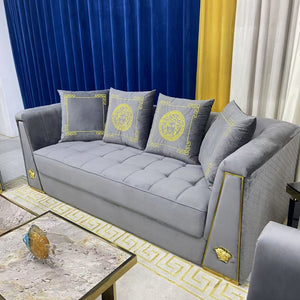 Grey Holland Velvet Sofa set with Gold Trim Stainless Steel Frame