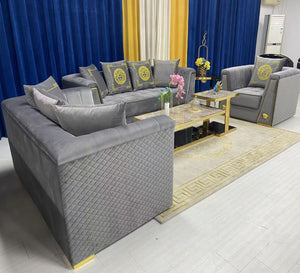 Grey Holland Velvet Sofa set with Gold Trim Stainless Steel Frame