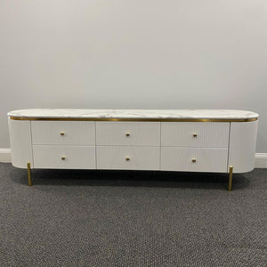 Modern Marble Top TV Cabinet - White (6-Drawers)