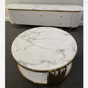 Gold Stainless Steel Frame and White MDF TV Stand/Unit and Coffee Table in White Grey Marble top