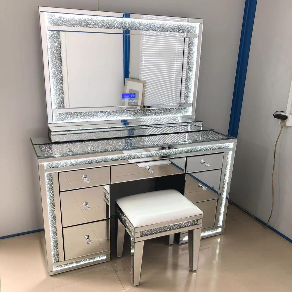 Silver Modern Classy Vanity / Dressing Table and Mirror With Led Lights with Diamond Crushed Glass Crystals and Stool