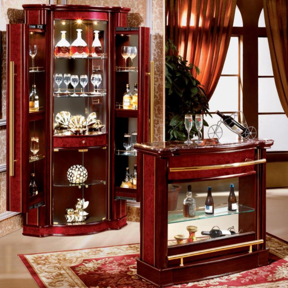 Modern MDF Red Wood Wine / Display / Traditional Cabinet With Glass Shelves and a Stand Alone Bar Table with Shelves