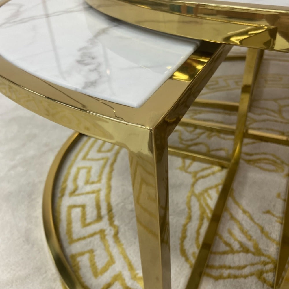 Circle / Round Nested White Grey Marble Side Tables, 5 pieces in Gold Stainless Steel Material on Frames