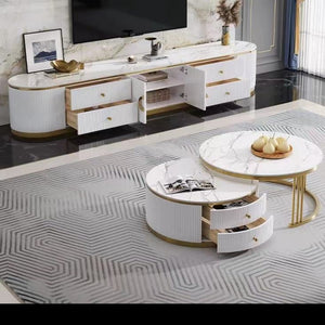 RMB Classic Home Online Shop / Store with a Range of Luxurious Circle / Round Gold Nested Marble Coffee Tables, 2 pieces in White MDF Stylish Modern Material