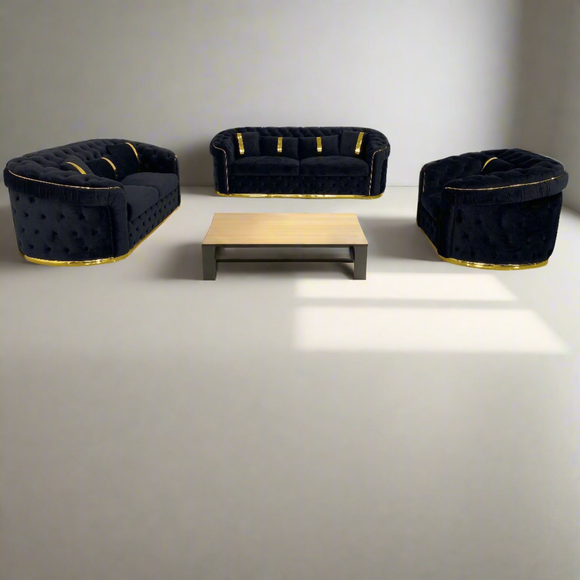 6-seater Luxury, Stylish and Comfortable Sofas / Couches in Blue Velvet Material with Golden trims