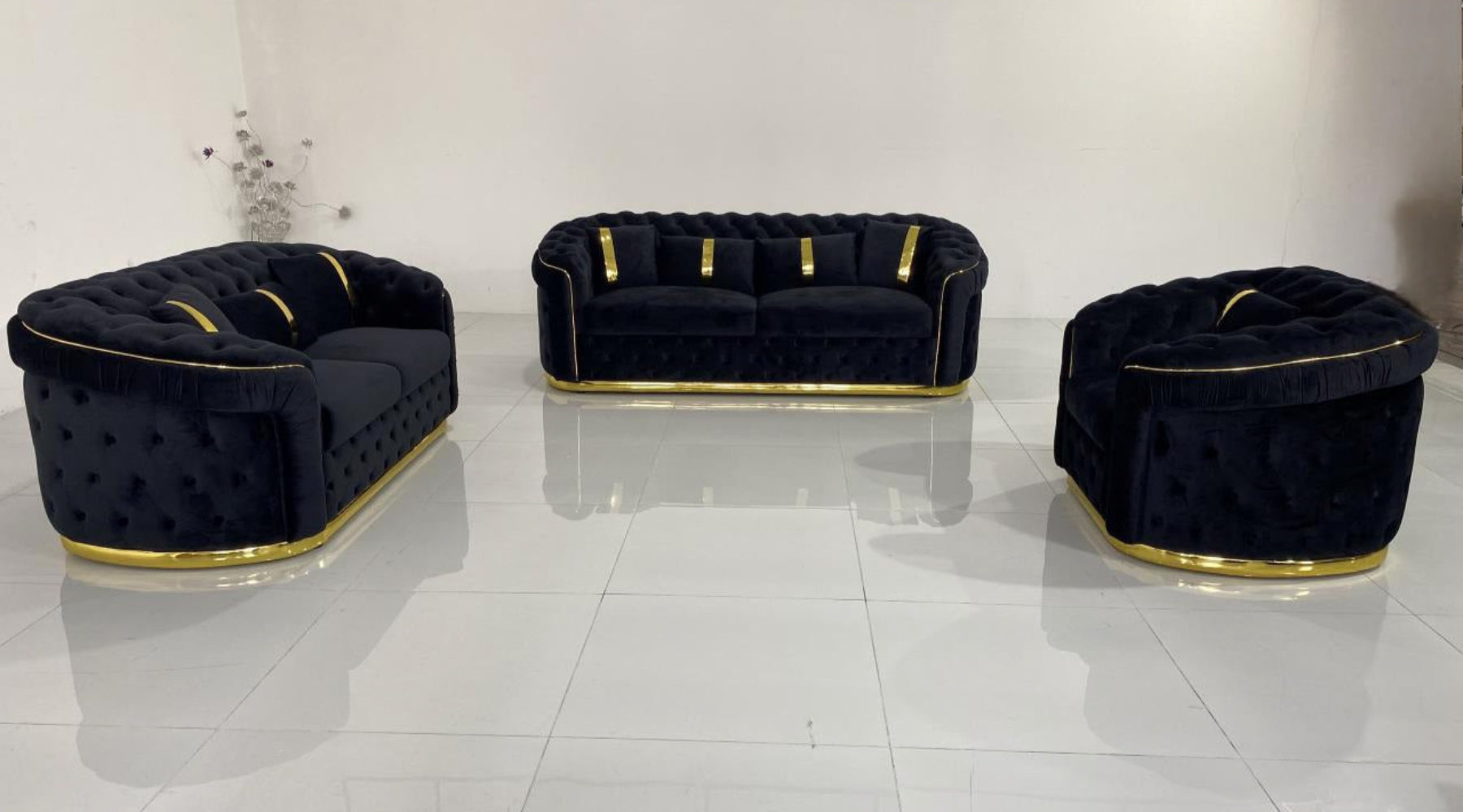 Holland Black Velvet Sofa/Couch Set with a Golden Trim