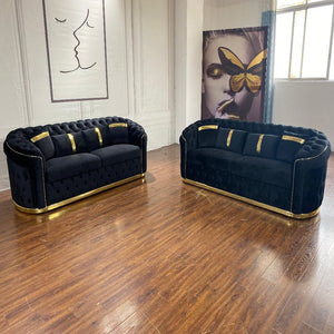 Best 6-seater Luxury, Stylish and Comfortable Sofas / Couches in Black Velvet Material with Golden trims