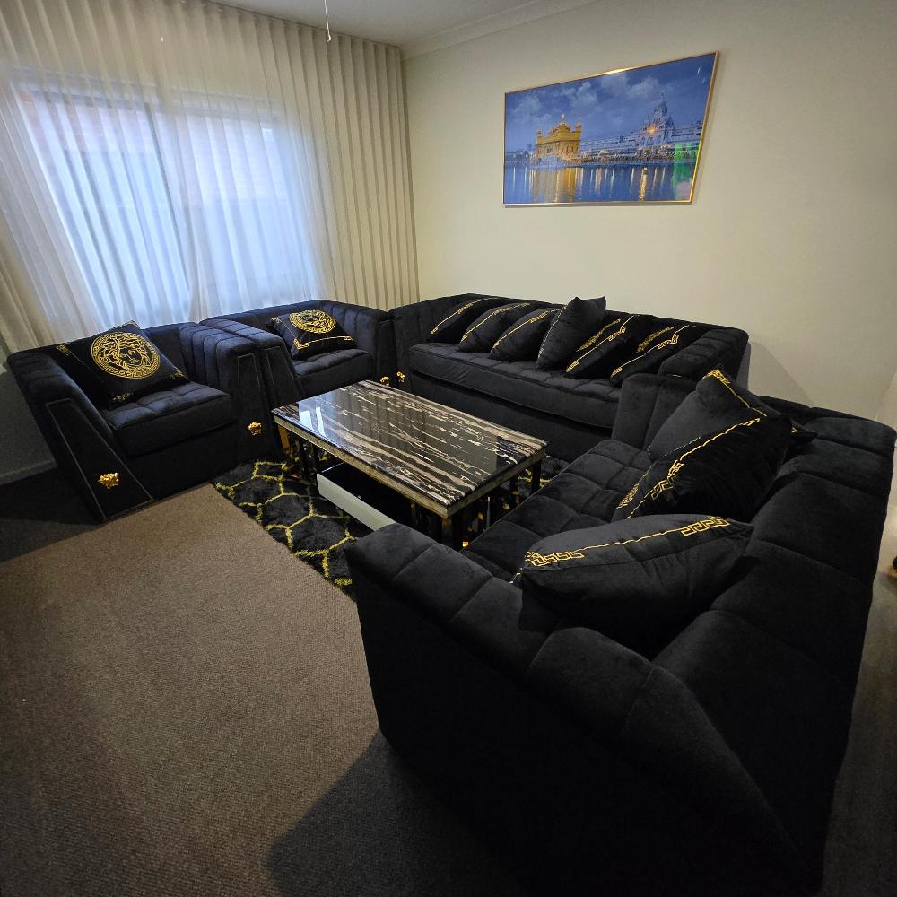 Classy Black Holland Velvet Sofa set of 7 with Golden Trim Edges and Versace Design at RBM Classic Home