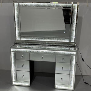 Silver Modern Classy Vanity Dressing Table and Mirror With Led Lights and Diamond Crushed Glass