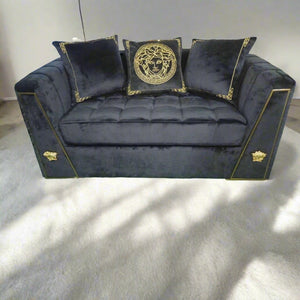 Classy Black Holland Velvet Sofa set of 6 with Golden Trim Edges and Versace Design